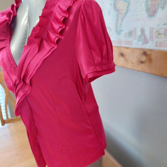 BCBGMAXAZRIA Women ruffle V-neck blouse short sleeve fuchsia side zipper small - Picture 4 of 12